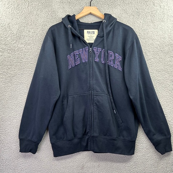 New York Popular Tops - New York Popular Sweatshirt Womens Large Navy Blue Spellout Full Zip Hoodie